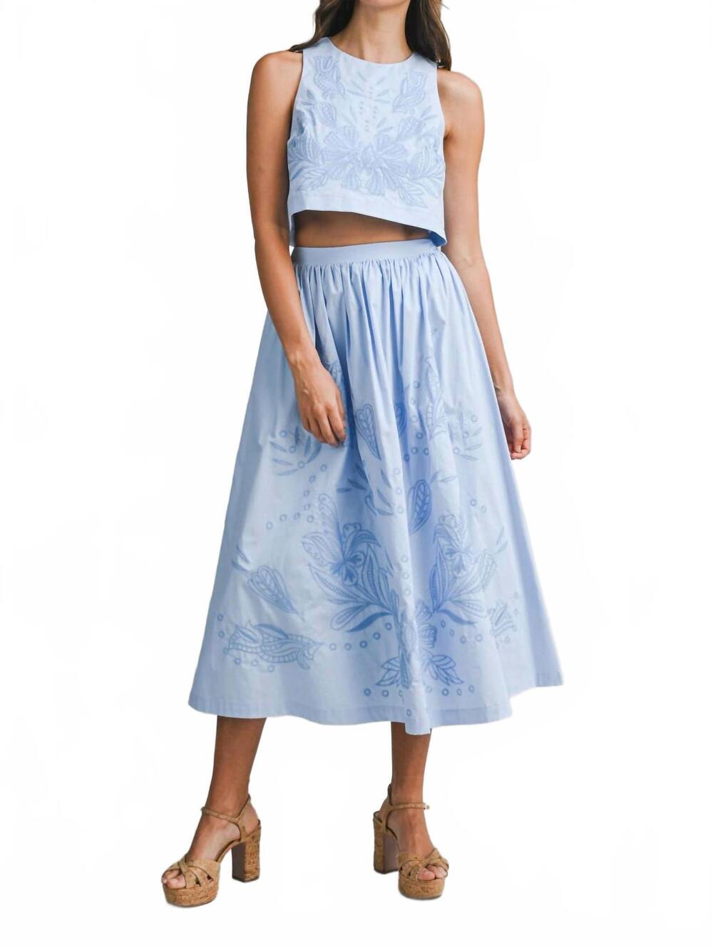 NEW MABLE janie embroidered crop top and midi skirt set in blue
